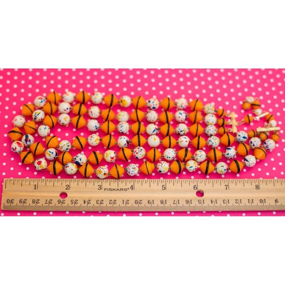 Vintage Vibrant Orange & Painted White Beaded Necklace by Hong Kong 18 inch - P1 - Picture 3 of 3